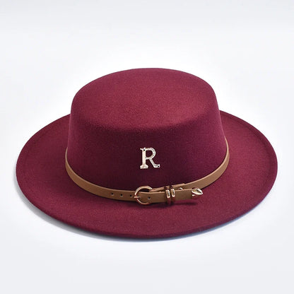 New Metal R Letter Fedora Hat for Women Fashionable Winter Flat Top Wedding Church Bowler Cap Females Elegant Holidays Hat