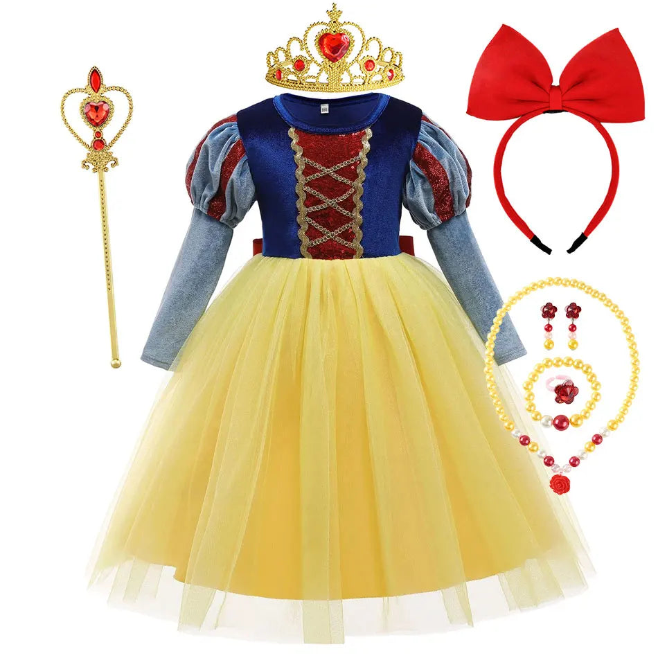 Child Snow White Costume Princess Ball Gown Girls Birthday Party Fantasy Velvet Bodice Mesh Tutu Skirt Kid Cosplay Outfit 2-10Yr