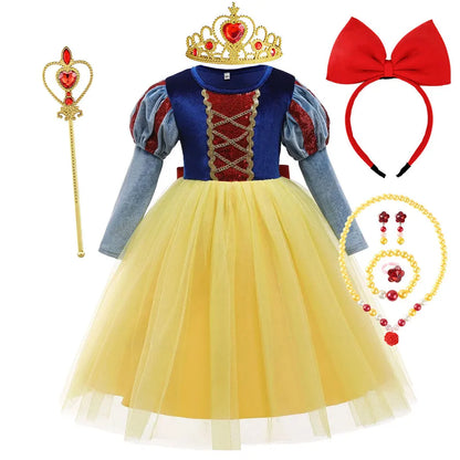 Child Snow White Costume Princess Ball Gown Girls Birthday Party Fantasy Velvet Bodice Mesh Tutu Skirt Kid Cosplay Outfit 2-10Yr