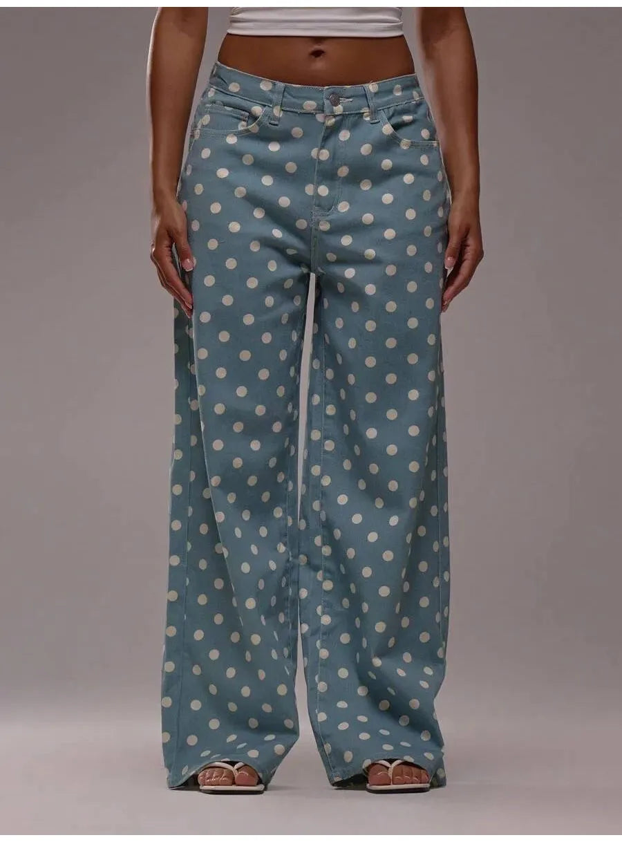 Spring Autumn High Wasit Jeans Pants Women 2026 Fashion Vintage Polka Dot Print Wide Legging Denim Trousers Bottoms Casual