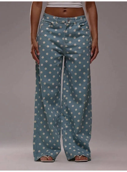 Spring Autumn High Wasit Jeans Pants Women 2026 Fashion Vintage Polka Dot Print Wide Legging Denim Trousers Bottoms Casual