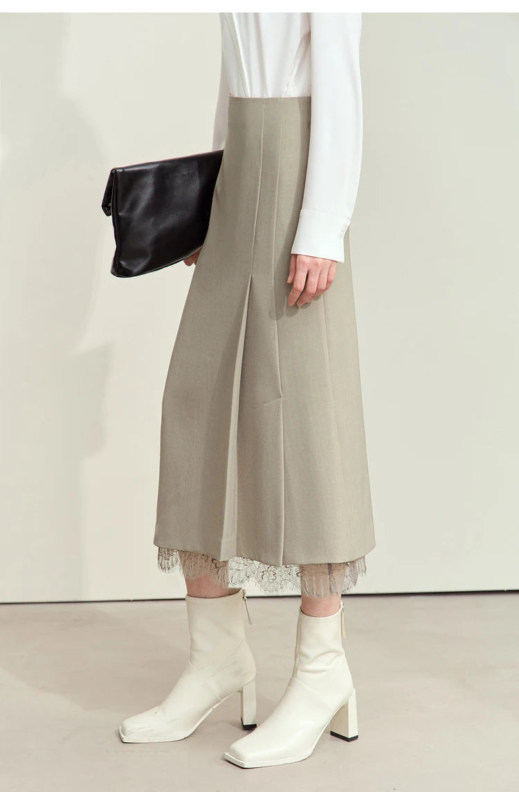 Minimalism Skirts for Woman 2025 Spring New Elegant Patchwork Lace Women's Clothing Retro Lady A-Line Pleated Skirt12443013