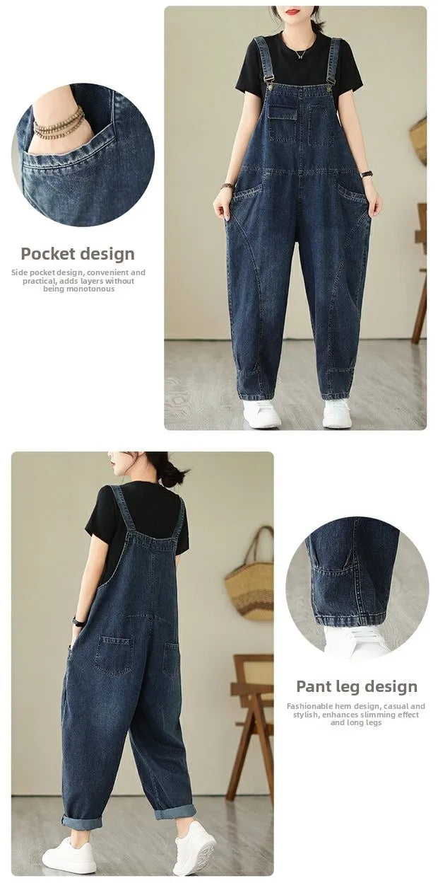 Fall Women's Loose Jeans Overalls Deep Blue High Waist Design Sensation plus Size Faion plus Size Women's Loose Slimming
