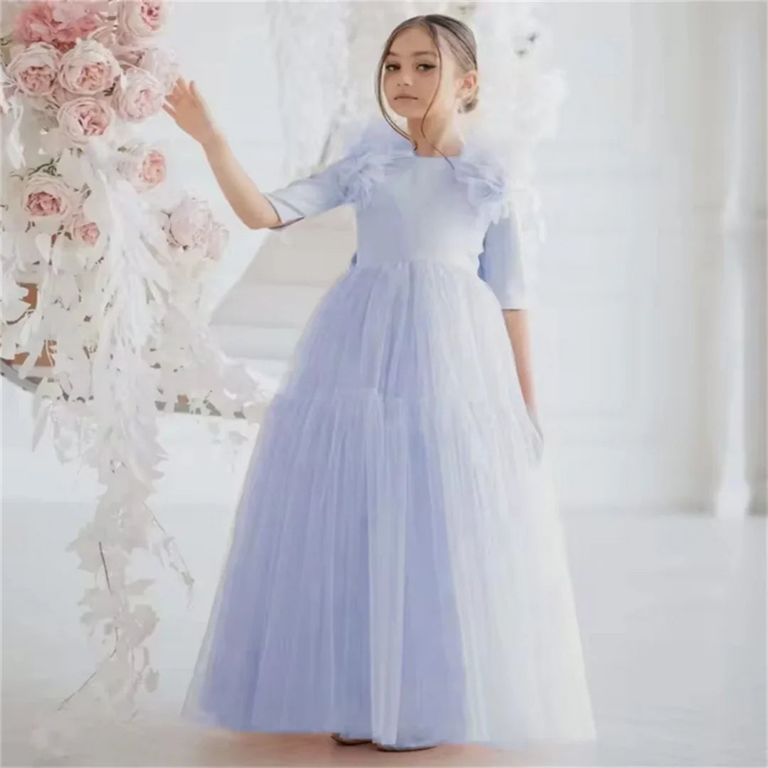 Light Pink Flower Girl Dresses Tulle With Bow Half Sleeve For Wedding Birthday Party Banquet Princess Gowns