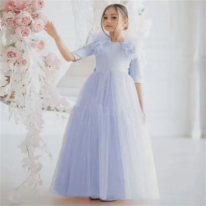 Light Pink Flower Girl Dresses Tulle With Bow Half Sleeve For Wedding Birthday Party Banquet Princess Gowns