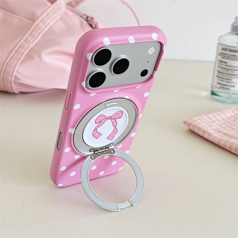 Pink Polka Dot Bow Phone Case For iPhone 17 16 15 Pro Max Cute Soft Shockproof Cover With 360°  Ring Stand Camera Protect