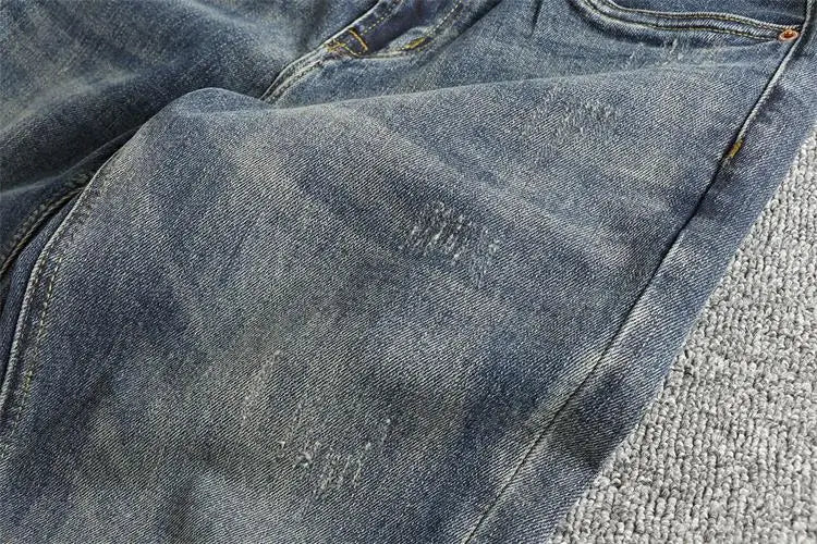 Retro blue wash-fried cat whisker jeans men's high-end custom fabric American fashion brand youth nine-point pants