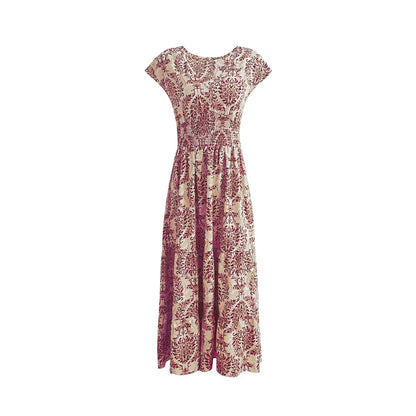 2026 Vintage Printed Dress Fashionable and Elegant V-Neck Short-Sleeved Jumpsuit Long Skirt Women's Clothing