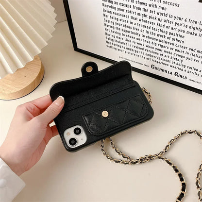 Crossbody Lanyard Wallet Phone Case For iPhone 15 14 13 16 Pro Max Card Holder Necklace Chain Luxury  Leather ( NO LOGO)