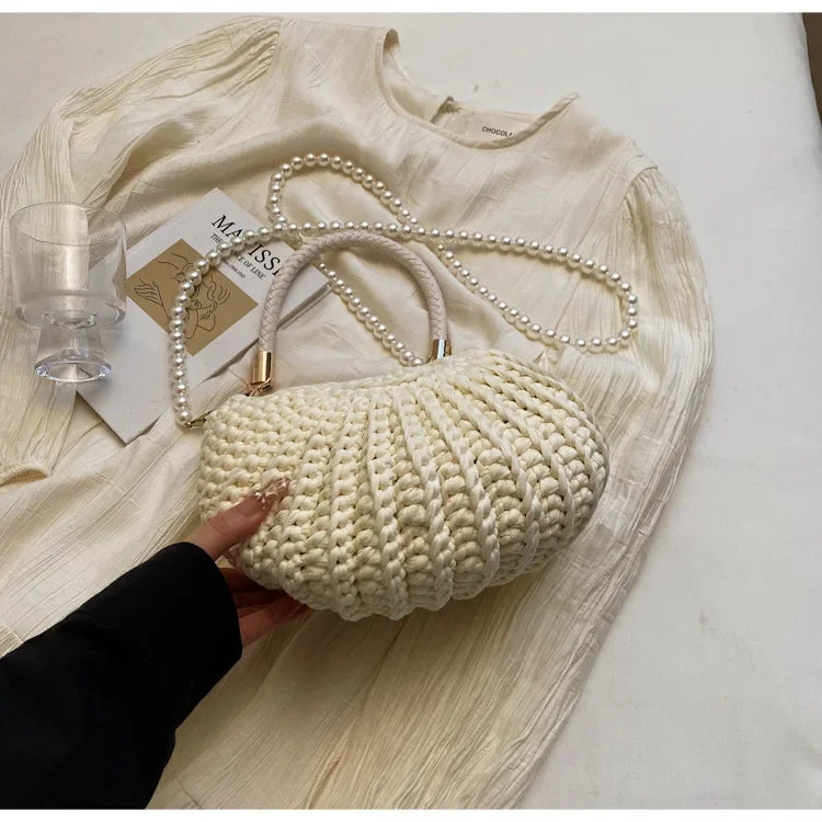 Fashion Conch Shaped Crochet Women Shoulde Bags Funny Cute Pearls Chains Handmade Weave Crossbody Bag Novelty Small Handbags