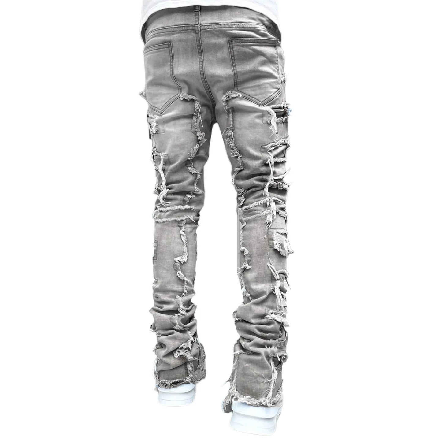 New European and American Heavyweight Streetwise Stretch Patch Jeans for Men, High Street Straight Fit Long Jeans16-3001