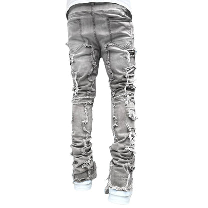 New European and American Heavyweight Streetwise Stretch Patch Jeans for Men, High Street Straight Fit Long Jeans16-3001