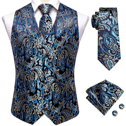 Navy Blue Mens Vest Formal Paisley Waistcoat Jacket Tie Handkerchief Cufflinks Set For Male Dress Suit Wedding Party