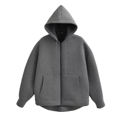 Autumn Women Casual Hooded Jacket Loose Oversize Zipper Hoodie Sweatshirts Solid Coat Office Lady Chic Outwear Tops