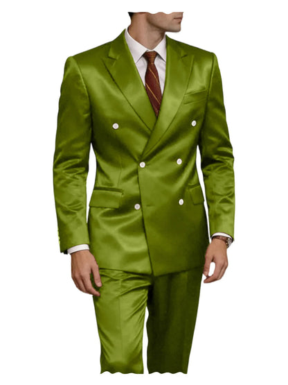 Luxury Men's Shiny Satin 2 Piece Suit Peak Lapel Double Breasted Jacket Pants Elegant Slim Fit Formal Tuxedo for Wedding Party