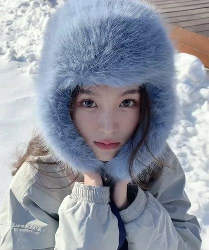 Korean Ins Imitation Mink Plush Hat Winter Women Ear Protection Bomber Hats Fashion Warm Fluffy Faux Fur Ski Beanies Y2k Gift