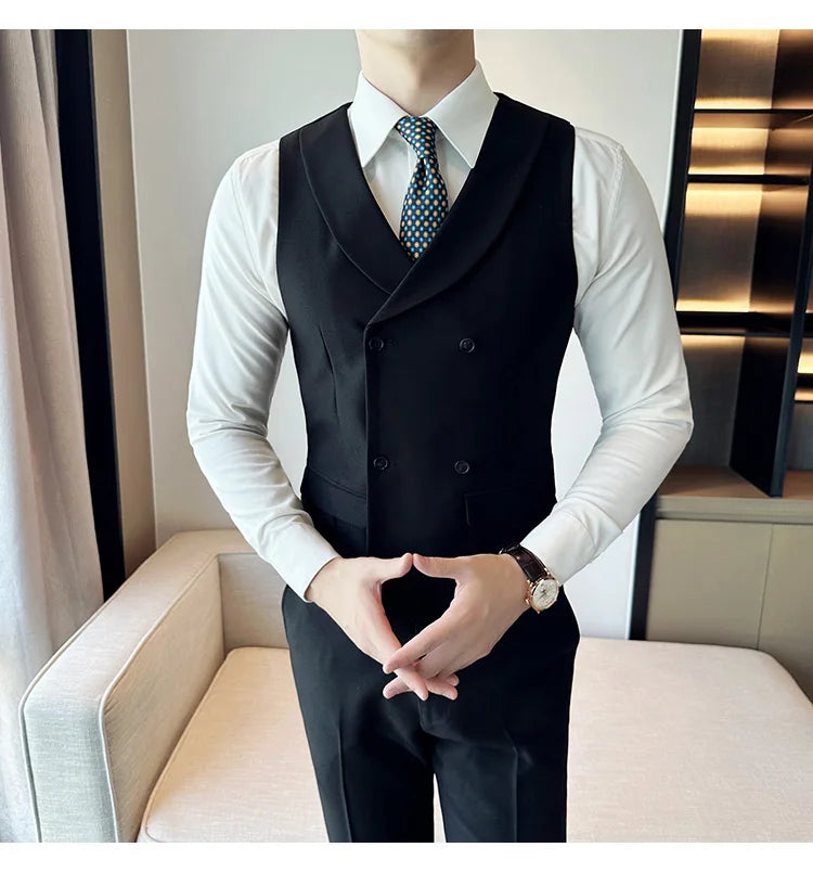 ( Vest + Pants) Men's Double-breasted Suit Vest 2 Pieces Set High Quality Business Casual Fashion Groom Wedding Dress Vest Sets
