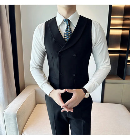 ( Vest + Pants) Men's Double-breasted Suit Vest 2 Pieces Set High Quality Business Casual Fashion Groom Wedding Dress Vest Sets
