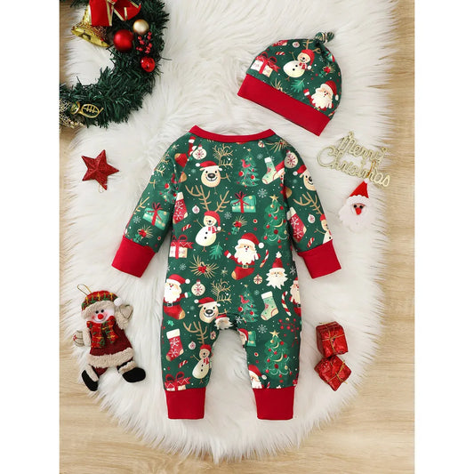 1-18 Months Newborn Baby Boy&Girl Christmas Jumpsuit Cute Santa Claus Print Long Sleeved Zipper Romper+Hat Toddler Baby Costumes