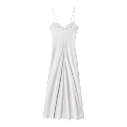 2025 Women Red V-Neck Holiday Style Satin Texture Long Dress Sleeveless Summer Women's Back Zipper Fashion Sling Dresses