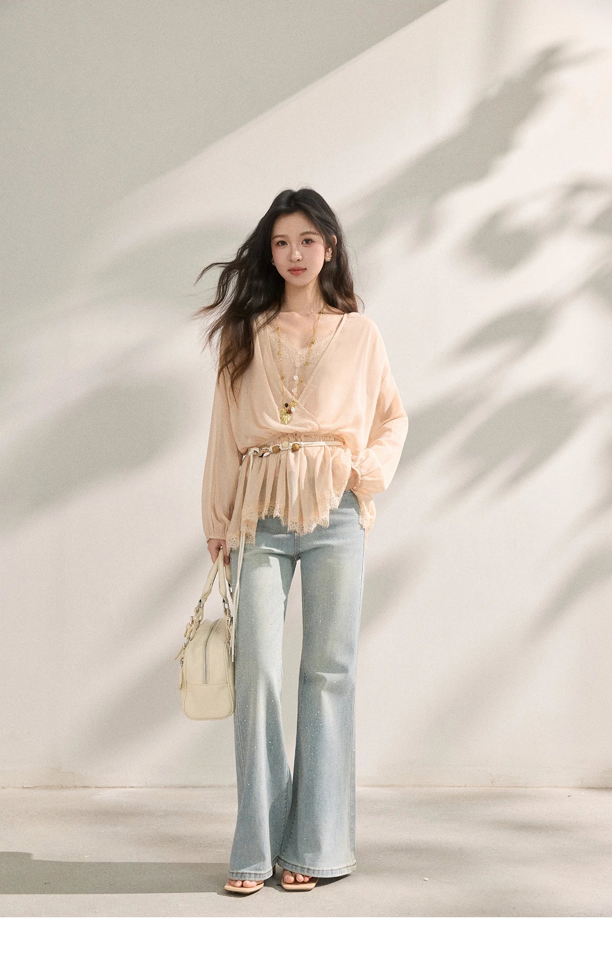 Women's French Style Beige Sheer Chiffon Blouse V Neck Lace Trim Elastic Waist Peplum Top For Spring Summer MXF16T1588