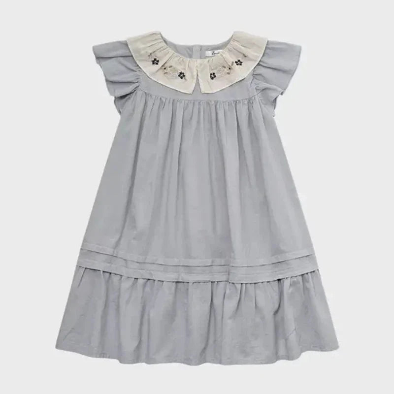 Summer LOU Girls' Printed Cotton Dress Short-Sleeved Handmade Embroidered Wide-Necked Children's Holiday Dress