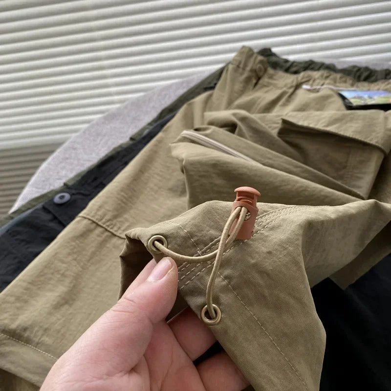 Men's Summer Cargo Pants Quick Dry Double Used Pants Elastic Waist Detachable Feet Loose Straight Waterproof Long Trousers