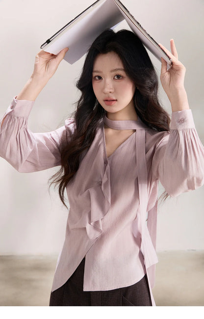 Women's Purple Sweet Shirts 2026 Spring Ribbon V-Neck Ruffled Asymmetrical Shirt Back Lace-up Waist Casual Top MXF13X2527