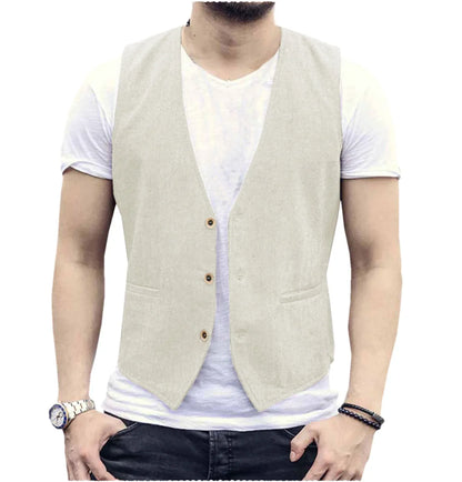 Large Men's Suit Vest  Spring And Summer Linen Cotton Slim Fit Waistcoats Lightweight And Breathable Single Breasted Casual Vest