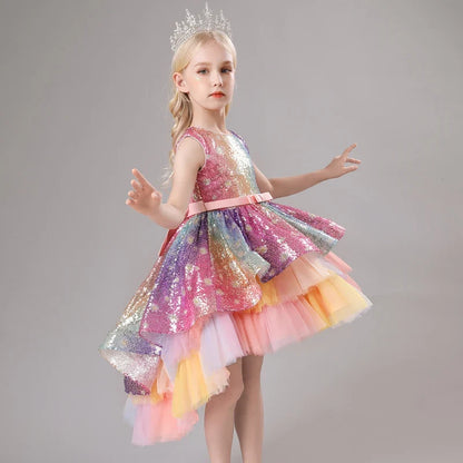 S002 Children's Dress Trailing Princess Spot Pink Girls' June 1 Performance Summer New 2023 Lace Color Matching Mesh