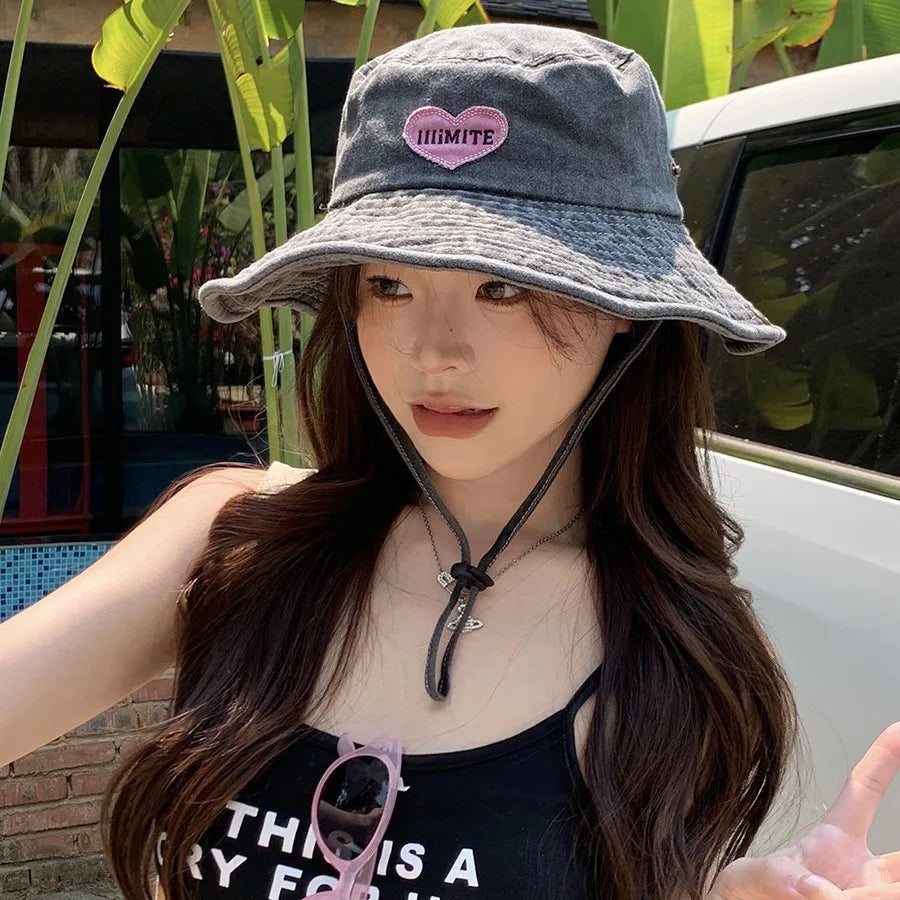 Retro Washed Bucket Hats for Women Cowboy Hats Outdoor Camping Sun Protection Sweet Pink Love Bucket Caps