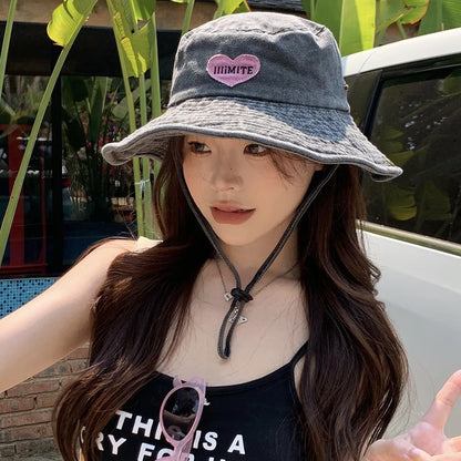 Retro Washed Bucket Hats for Women Cowboy Hats Outdoor Camping Sun Protection Sweet Pink Love Bucket Caps