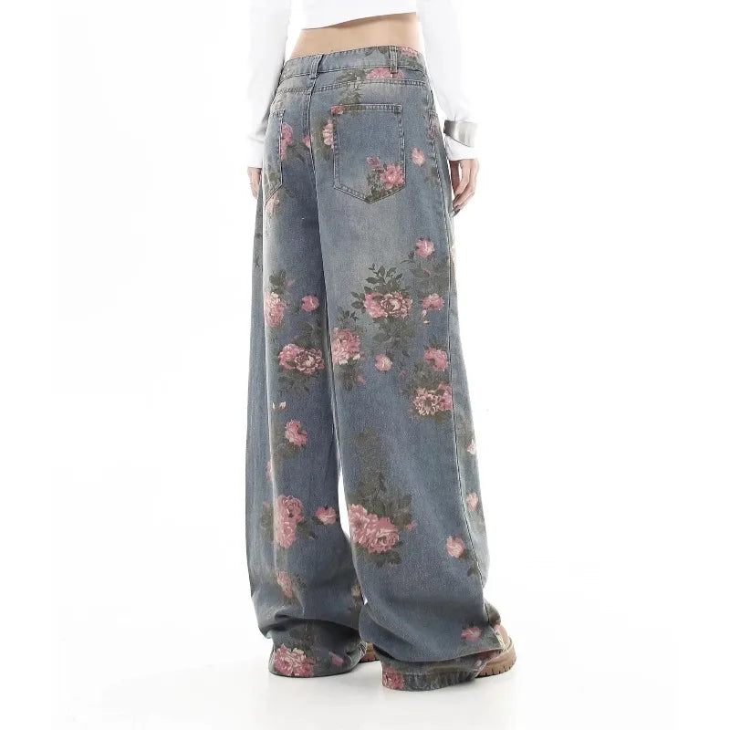 Women's Blue Flower Baggy Jeans Y2K Japanese Harajuku High Street Aesthetic High Waist Wide Leg Retro Jeans Pants Clothing 2025