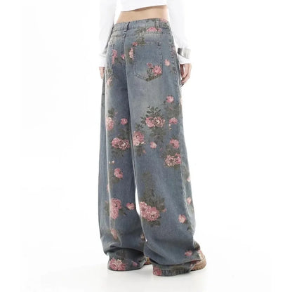 Women's Blue Flower Baggy Jeans Y2K Japanese Harajuku High Street Aesthetic High Waist Wide Leg Retro Jeans Pants Clothing 2025