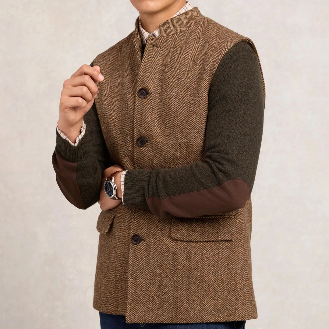 Men Vest Brown Herringbone Height Neck Single Button Waistcoat For Wedding Party Business Work Office Daily Casual Men Suit Vest