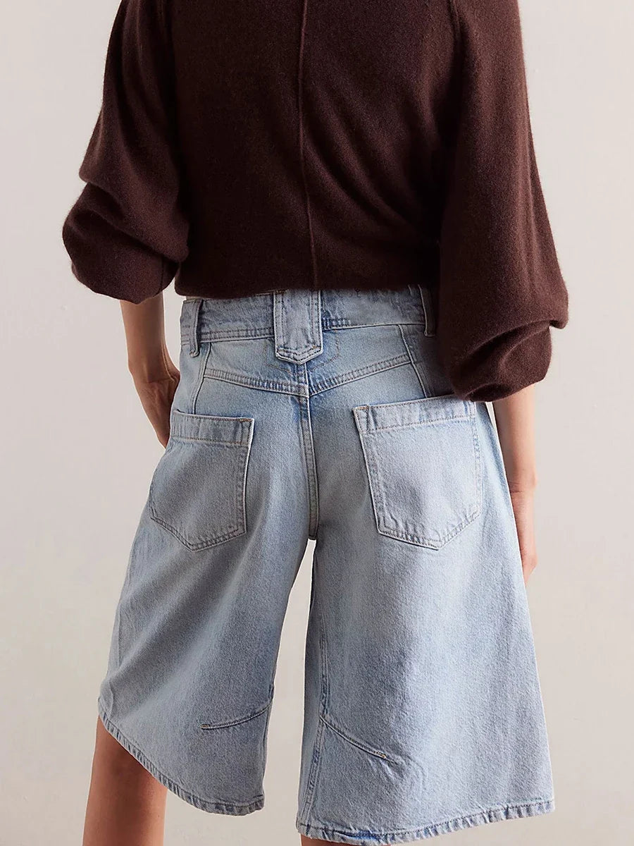 New Womens Knee Length Denim Shorts Solid Color Low Waist Wide Leg Jean Shorts For Summer Club Street Style S-2XL