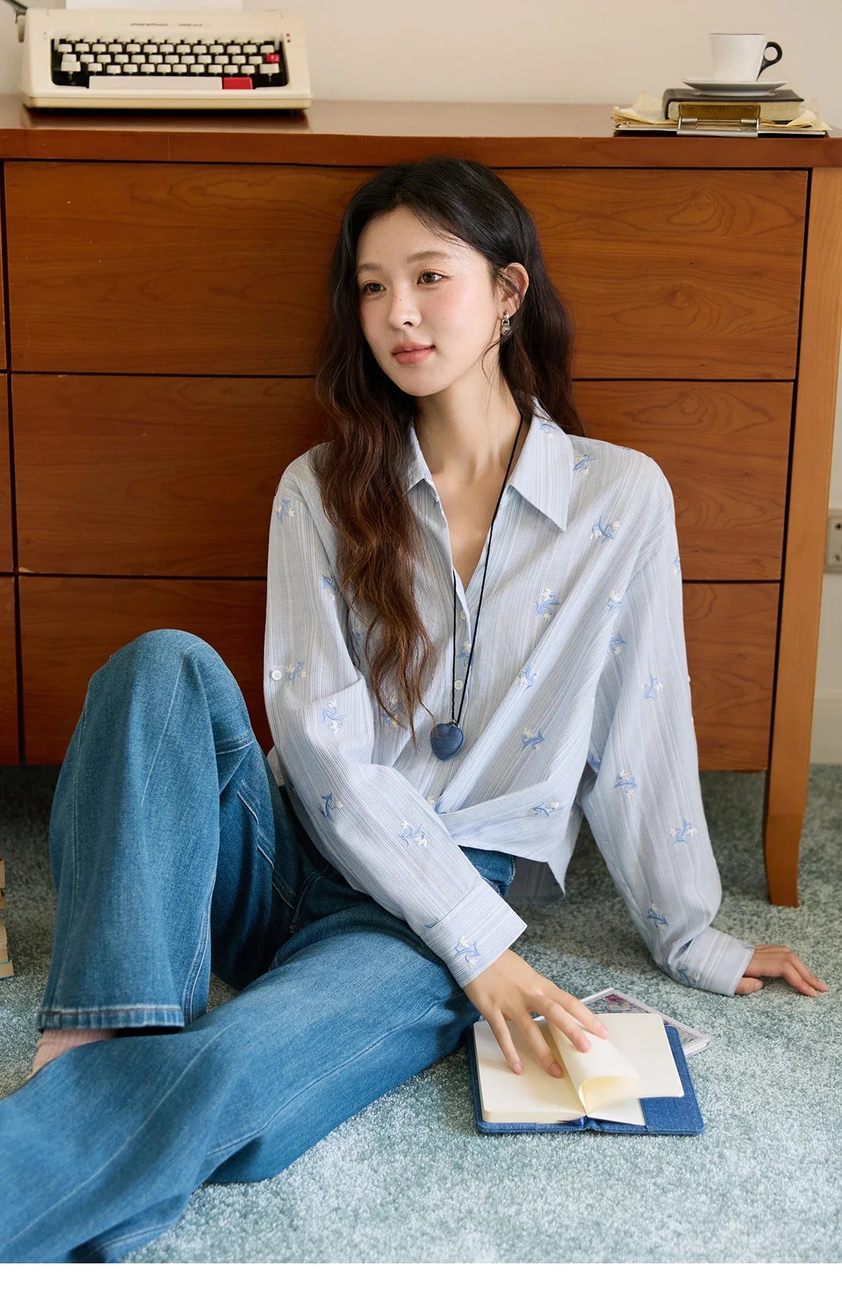 Long Sleeve Shirts for Woman 2025 Autumn Retro Blue Single-breasted Blouse Floral Embroidery Casual Tops MXE45X2495