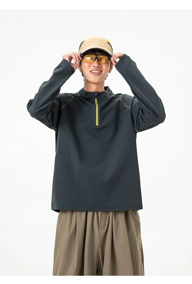 Unisex Quick-Dry UV-Protective Long-Sleeve Sports T-shirt with Half-Zip & Color Blocking Design Loose Fit for Outdoor Activities