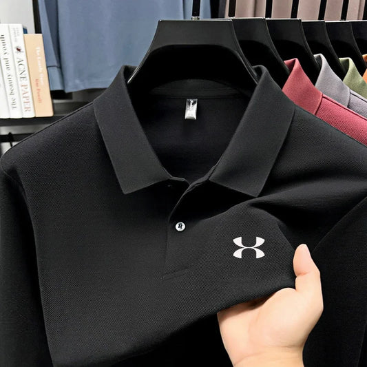 Men's brand polo shirt letter printed long sleeved top spring new 100% cotton casual sports breathable lapel fashionable T-shirt