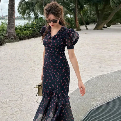 Floral Print Women's Summer Ruffle Dress Sexy V-neck Short Puff Short Sleeve Beach Slim Female Dress 2026 Holidays Lady Robe