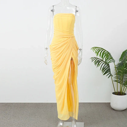 Women Strapless Pleated Long Dress Elegant Solid Split Sleeveless Backless High Waist Slim Fit Maxi Dresses 2026 Lady Party Robe