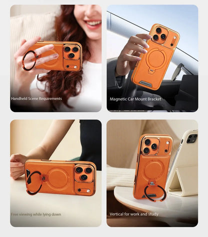 Magnetic Rotat Bracket Luxury Leather Phone Case,For iPhone 11 12 13 14 15 16 17 Pro Max Plus Wireless Charging Shockproof Cover