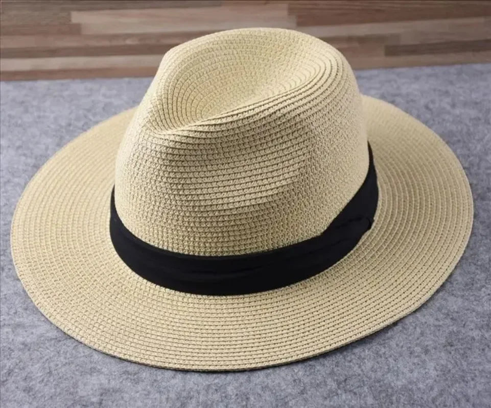 Unisex Panama Straw Hat Wide Brim Summer Beach Sun Protection Fedora Style - Sizes 55-57/58-60/61-64cm (Large/Plus)"