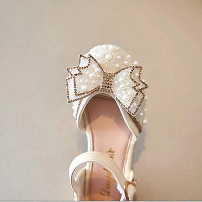 New Girl Sandals Cute Bow Pearl Sequins Kid Princess Shoes Flat Heels children Dancing Size 23-35