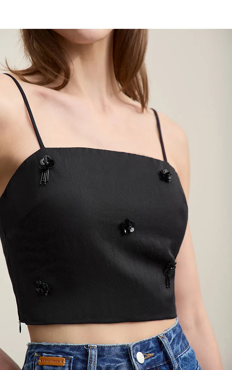 Women's Camisole 2026 Autumn New Casual Bead Women's Sleeveless Vest Square Neck Inner Wear Straps Short Slim Top 12621025