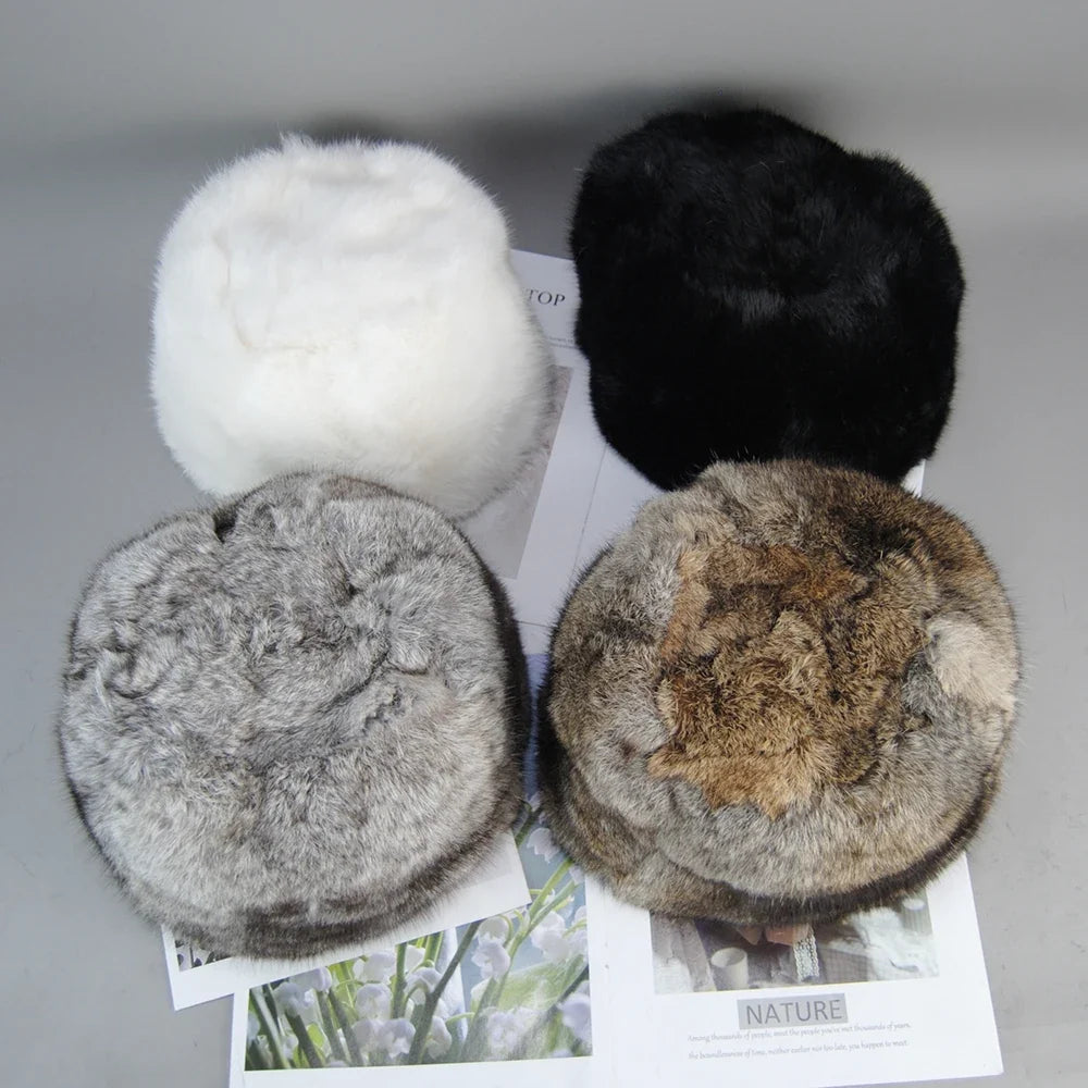2026  Unisex Winter Russian Outdoor 100% Genuine Rabbit Fur Caps Warm Real Rabbit Fur Bomber Hat Natural Quality Rabbit Fur Hats