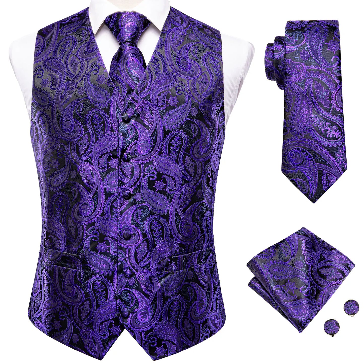 Sky Navy Royal Blue Mens Waistcoat Tie Set Sleeveless Jacket Vest Necktie Hanky Cufflinks Wedding Business Oversized Gift