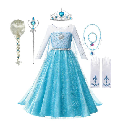 Snow Queen Elsa Long Sleeve Costume Girls Princess Dress Toddler Halloween Cosplay Clothes Birthday Party Vesidos For 2-10 Years