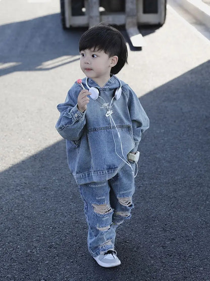 Children's Clothing Boy Denim Jacket Hoodies + Jeans 2 Pcs Set Autumn Spring Vintage Hole Pants Children's Hooded Pullover Top
