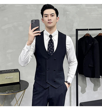British Style Double-breasted Striped Vest With Pants Men Business Slim Fit Suit Vest 2 pieces Formal Groom Wedding Dress Vest
